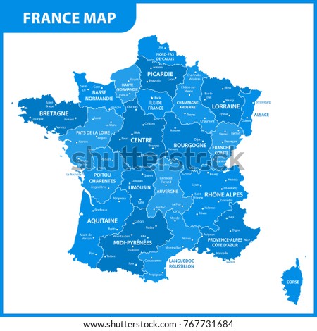 The detailed map of the France with regions or states and cities, capital