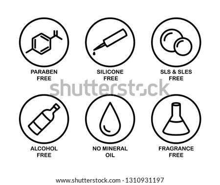 A set of 6 vector icons for cosmetics. Black and white. Paraben, silicone, sls, sles, alcohol, mineral oil, fragrance. 