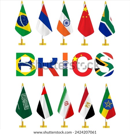 brics alphabet and flag ten country 2024 isolated on white background for icon logo web. vector illustration.