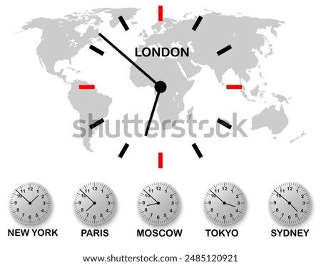 World clocks. newyork paris london moscow tokyo sydney time on watch, international clock design for icon wallpaper background and business. vector illustration.