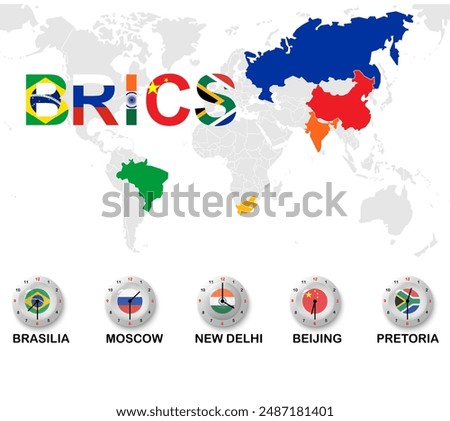 set of brics country and clock time zone under world map isolated on white background for icon logo web. vector illustration.