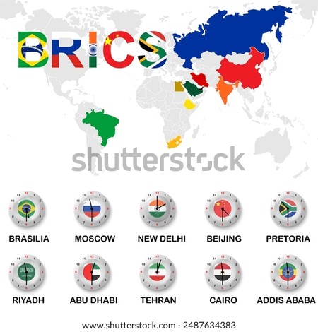 set of brics country and clock time zone under world map isolated on white background for icon logo web. vector illustration.