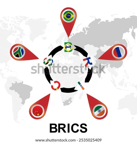 Batumi, Georgia - October 24, 2024 set of BRICS member country with flag on top pin on world map background for icon logo web. vector illustration.