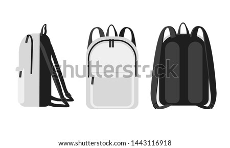 Trendy modern universal white  backpack  front, back and side veiw. Bag with Orthopedic back  study concept mockup. Tourism, female, lifestyle and school backpack vector illustration