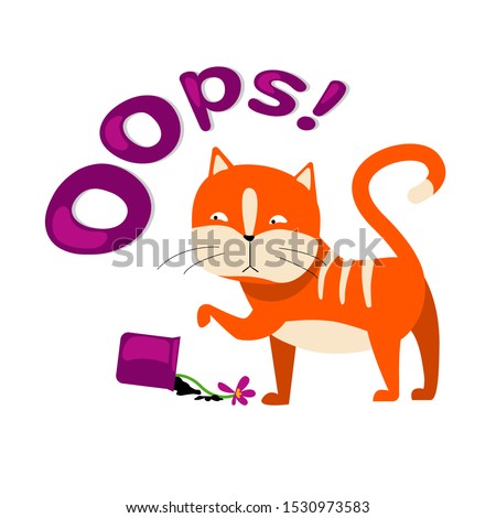 playful cat turned the flower over. harmful joker.cat bad character in bright colors.Use as a modern print, sticker, childish illustration. vector illustration
