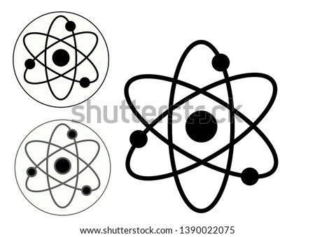 Icon structure of the nucleus of the atom. Around the atom, gamma waves, protons, neutrons and electrons. 