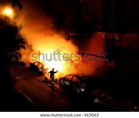 Fire - Burning cars - Fireman at work -