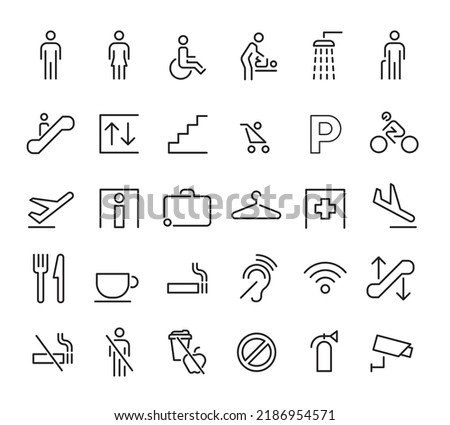 Airport vector line icon set. line icons of planes, arrivals, departures, suitcases, stairs, Wifi, Bags, Terminals, toilets, cafes, parking, smoking, prohibitions etc. Editable use for web