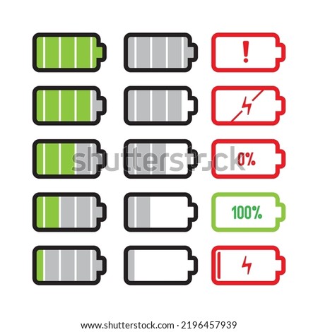 battery icon, battery symbol full, empty, charging, power alert, design in green, gray, red for warning, white background, editable.