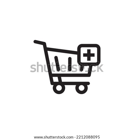 online shopping icon, shopping cart icon, add shopping symbol, white background thin line design.