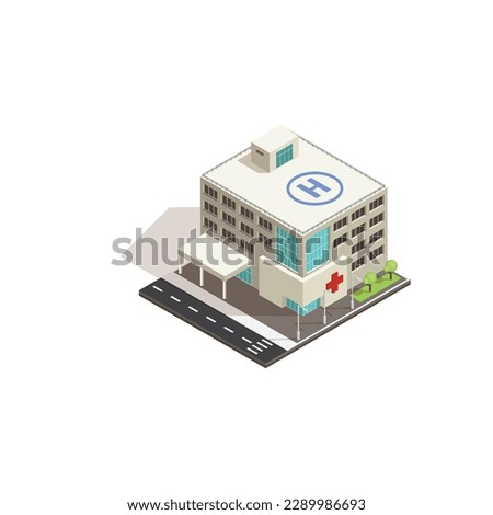 Modern urban hospital buildings of different style, isometric icons set isolated on white background vector illustration