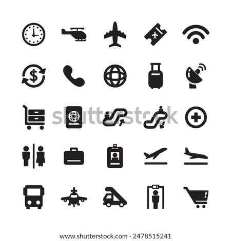 Set of airport vector icons. Contains icons such as Airplane, Ticket, Luggage, Seat, Wifi, Bag, Departure, Terminal, Passport, Transport, Luggage, Plane. Editable usage and strokes for web