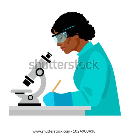 Black woman scientist looking through microscope and writing. Female African american laboratory assistant working at the table in potective glasses and gloves. Cartoon flat vector illustration
