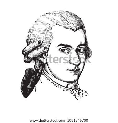 Wolfgang Amadeus Mozart. Great composer and musician. Hand drawn vector portrait in the style of engraving  isolated on white background. 