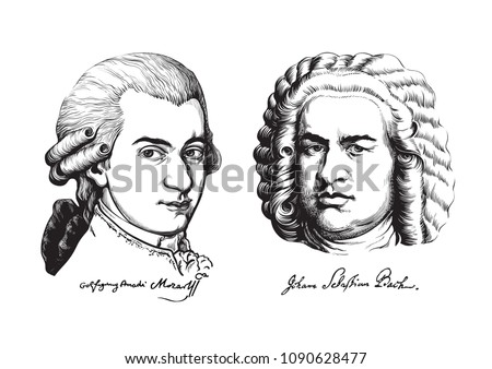 Wolfgang Amadeus Mozart and Johann Sebastian Bach. Great composers and musicians set.  Hand drawn vector portraits in the style of engraving  isolated on white background. 