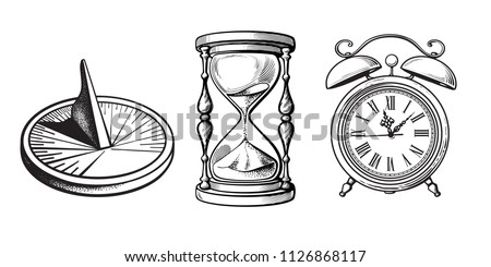 Set of different old clocks. Sundial, Hourglass, Alarm clock. Black and white hand drawn sketch vector illustration isolated on white background.