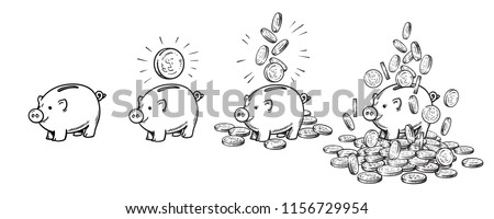 Cartoon piggy bank set. Empty, with one coin, with falling coins, heaped over money. Wealth and success concept. Black and white hand drawn sketch style vector illustration.