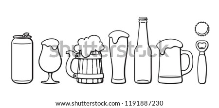 Beer objects set. Beer glasses of different shape, mug, bottle,can, opener, cap. Black and white isolated vector illustration.