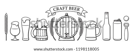 Beer objects set. Beer glasses of different shape, mugs, old wooden barrel, bottle, can, opener, cap, barley, wheat, ribbon banner with text Craft Beer. Black and white isolated vector illustration.