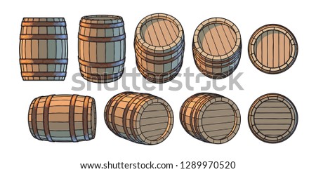 Set of wooden barrels in different positions. Front side three quarters views at different angles. Vector illustrations isolated on white background.