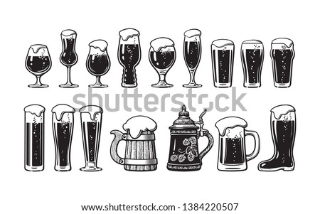 Beer glassware set. Various types of beer glasses and mugs. Hand drawn vector illustration isolated on white background.

