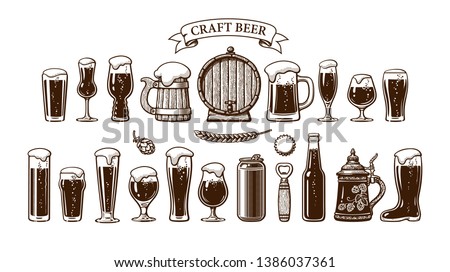 Big vintage set of beer objects. Various types of beer glasses and mugs, old wooden  barrel, hop, bottle, can, opener, cap. Hand drawn engraving style vector illustration isolated on white background.