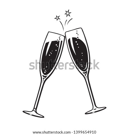Two sparkling glasses of champagne or wine. Cheers icon. Retro style vector illustration isolated on white background.