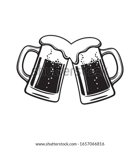 Two toasting beer mugs, Cheers. Clinking glass tankards full of beer and foam. Black and white vector illustration isolated on white background.