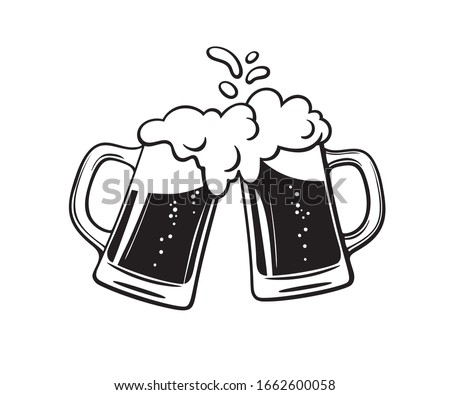 Two toasting beer mugs, Cheers. Clinking glass tankards full of beer and splashed foam. Black and white hand drawn vector illustration isolated on white background.