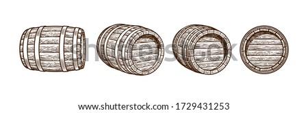 Vintage set of old wooden barrels in different positions. Front, side three quarters view. Hand drawn engraving style vector illustrations isolated on white background.