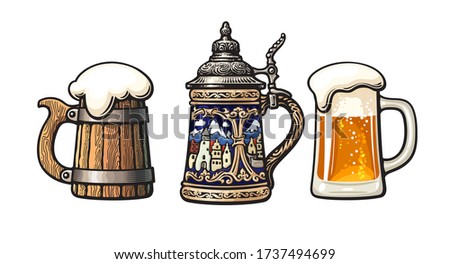 Vintage colorful set of beer mugs. Old wooden mug. Traditional German stein. Glass mug with foam. Brewery, beer festival, bar, pub design. Hand drawn vector illustration isolated on white background.
