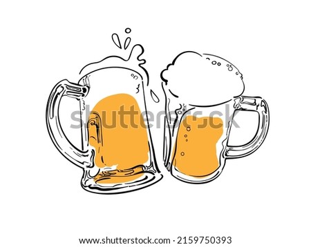 Sketch of two toasting beer mugs. Cheers. Clinking glass tankards full of beer and splashed foam. Hand drawn vector illustration isolated on white background.
