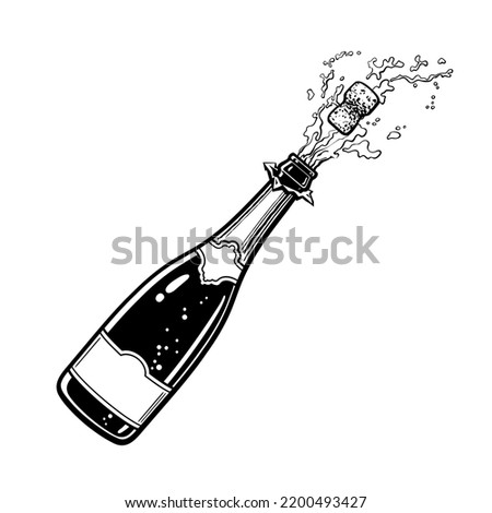 Popping bottle of champagne with cork flying out. Hand drawn vector illustration isolated on white background.