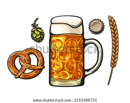 Big Oktoberfest mug full of beer, Bavarian pretzel, hop cone, bottle cap, barley or wheat ear. Vintage set of beer objects. Hand drawn vector illustration isolated on white background.