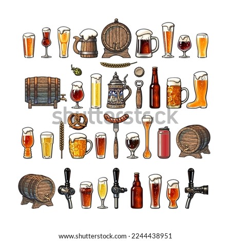 Big vintage set of beer objects. Various types of beer glasses and mugs, old wooden barrel, hop, bottle, can opener, beer tap, sausage on fork. Hand drawn vector illustration.
