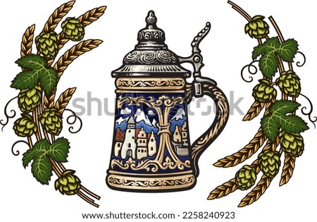Old German stein beer mug in frame of hop branches with cones and leaves, wheat barley ears. Hand drawn vector illustration isolated on white background.
