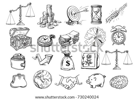 Business set. Scales, stack of coins, sack of dollars, credit cards, handshake, purse, wallet, piggy bank, target, safe, pocket watch, chest, arrow, brain, globe, hourglass. Sketch vector illustration