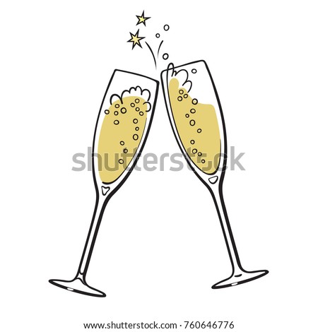 Two sparkling glasses of champagne Merry Christmas and Happy New Year design element. Retro style vector illustration.