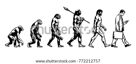 Theory of evolution of man. Human development. From monkey to modern businessmen 
 with  briefcase talking on mobile phone. Hand drawn sketch vector illustration isolated on white