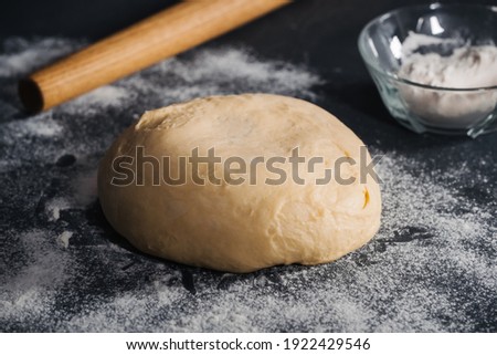 Similar – Image, Stock Photo Kneading pizza dough on green table. Making dough at home