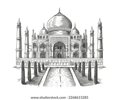 Hand drawn sketch of Taj Mahal. india palace illustration