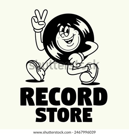 Funny cartoon character of vinyl record. Can be used as Sticker, posters, prints. Retro cartoon style. Vector illustration