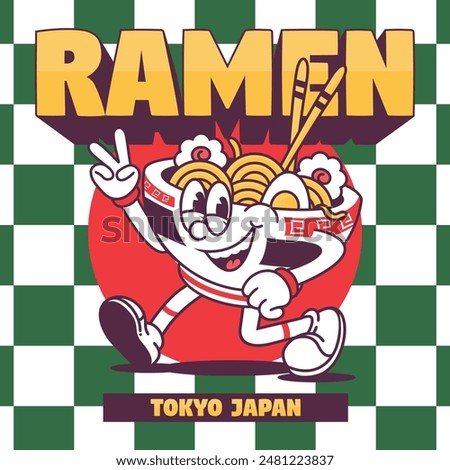 Funny cartoon character of ramen japanese food. Can be used as Sticker, posters, prints. Retro cartoon style. Vector illustration