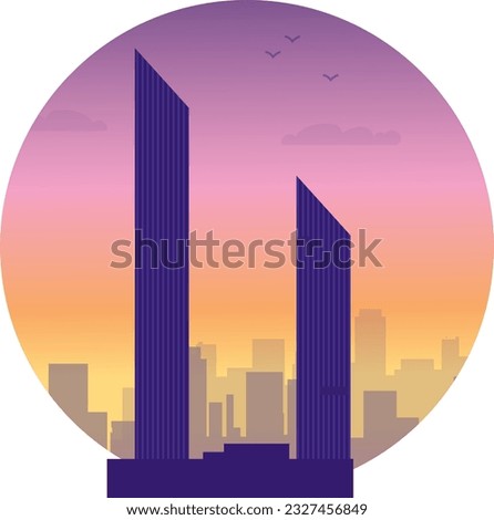 Twin modern towers with sunset background