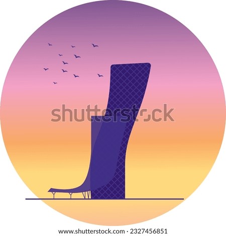 Iconic modern tower with sunset background