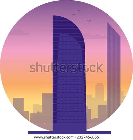 Iconic modern building with sunset background