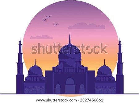 Unique and iconic Islamic mosque with sunset background