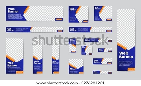 Business banner standard size in horizontal and vertical rectangle square template set for web design. Gradient blue and orange geometric chevron shapes header with place of photos. EPS10 vector.