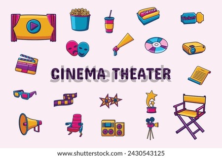 Cinema Theater Lineal Color Vector Illustration Icon Sticker Set Design Materials