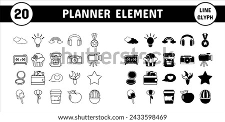 Planner Element Line Glyph Vector Illustration Icon Sticker Set Design Materials